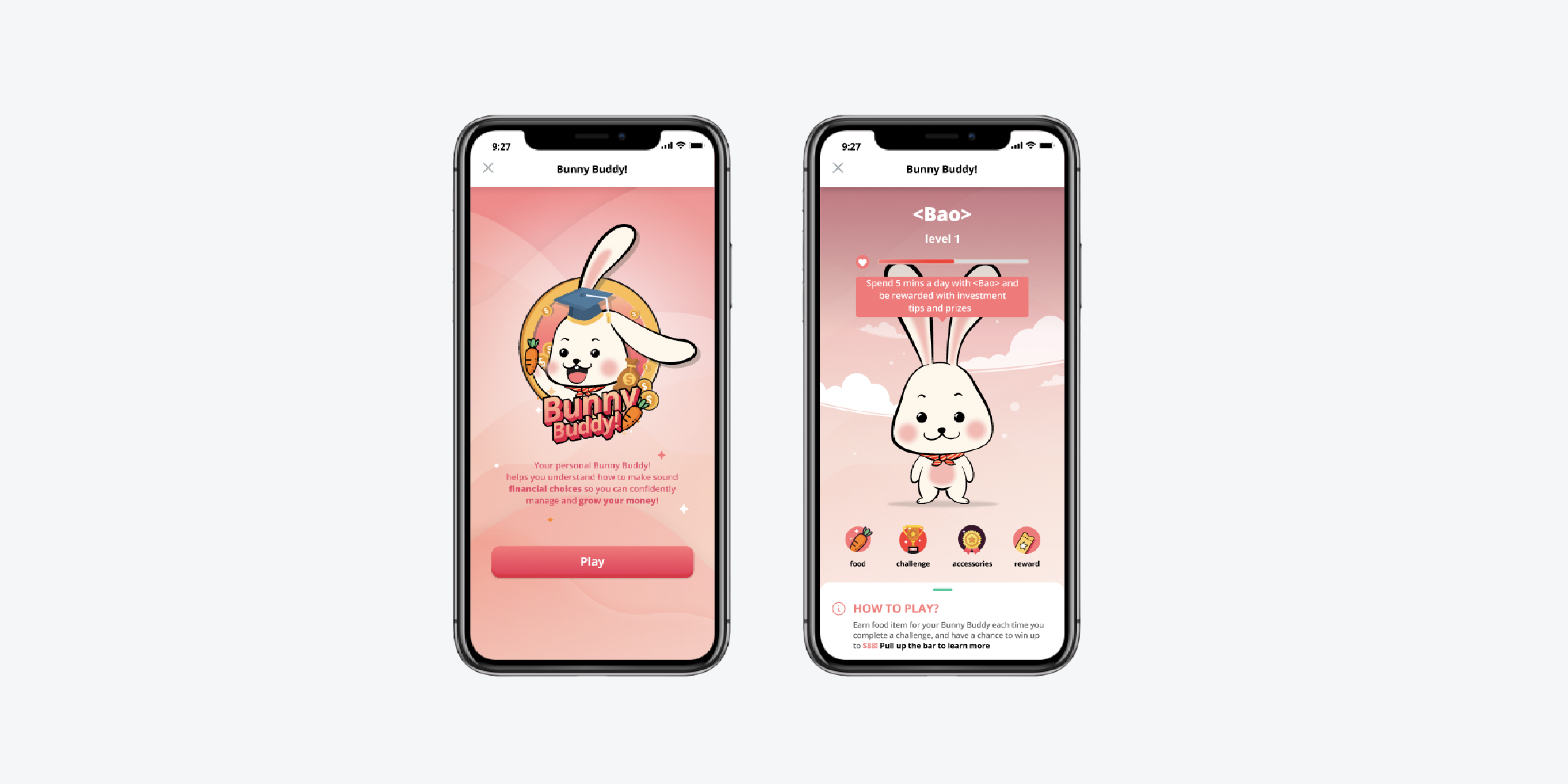 Bunny Buddy mobile app mockups showing gamified investment education interface