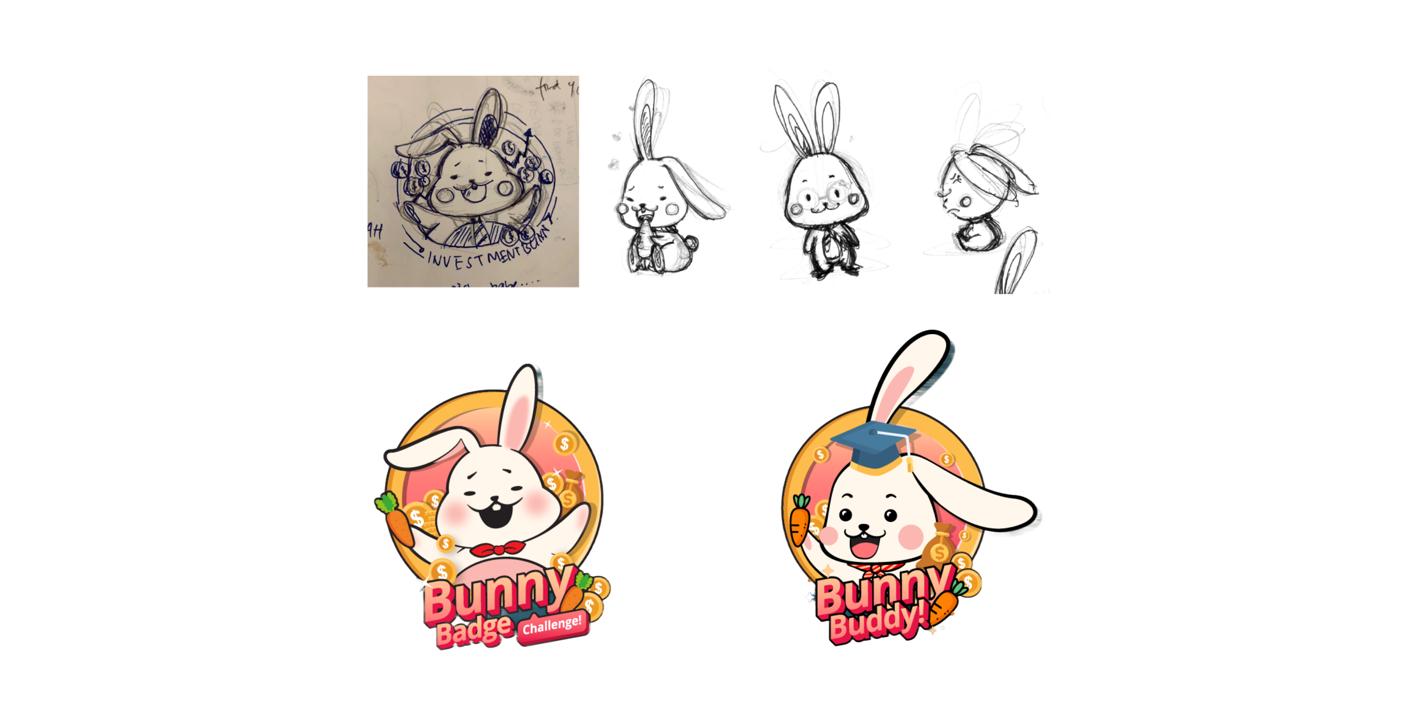 Initial character sketches and final Bunny Buddy logo designs