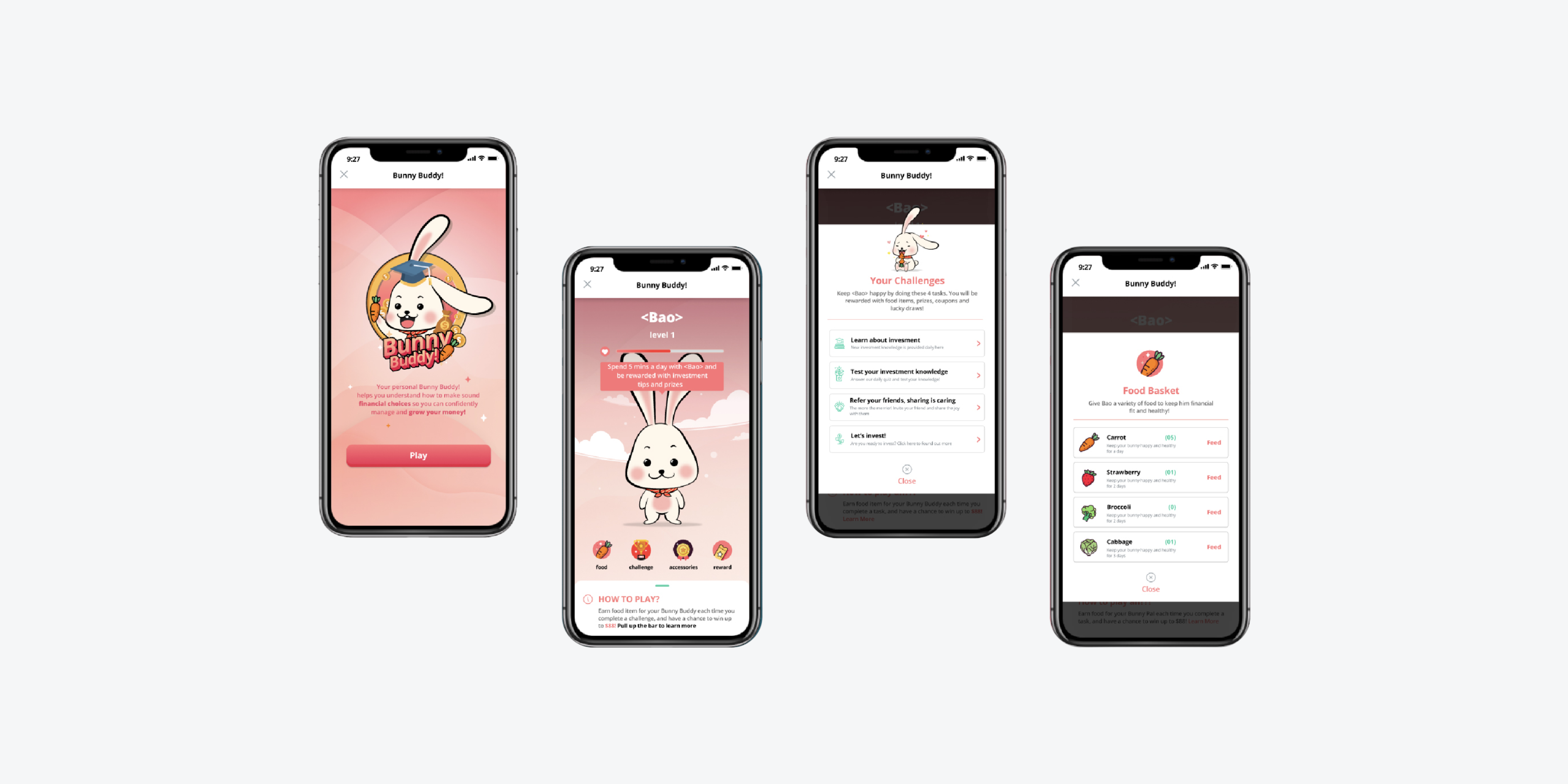 Bunny Buddy high-fidelity mobile UI screens