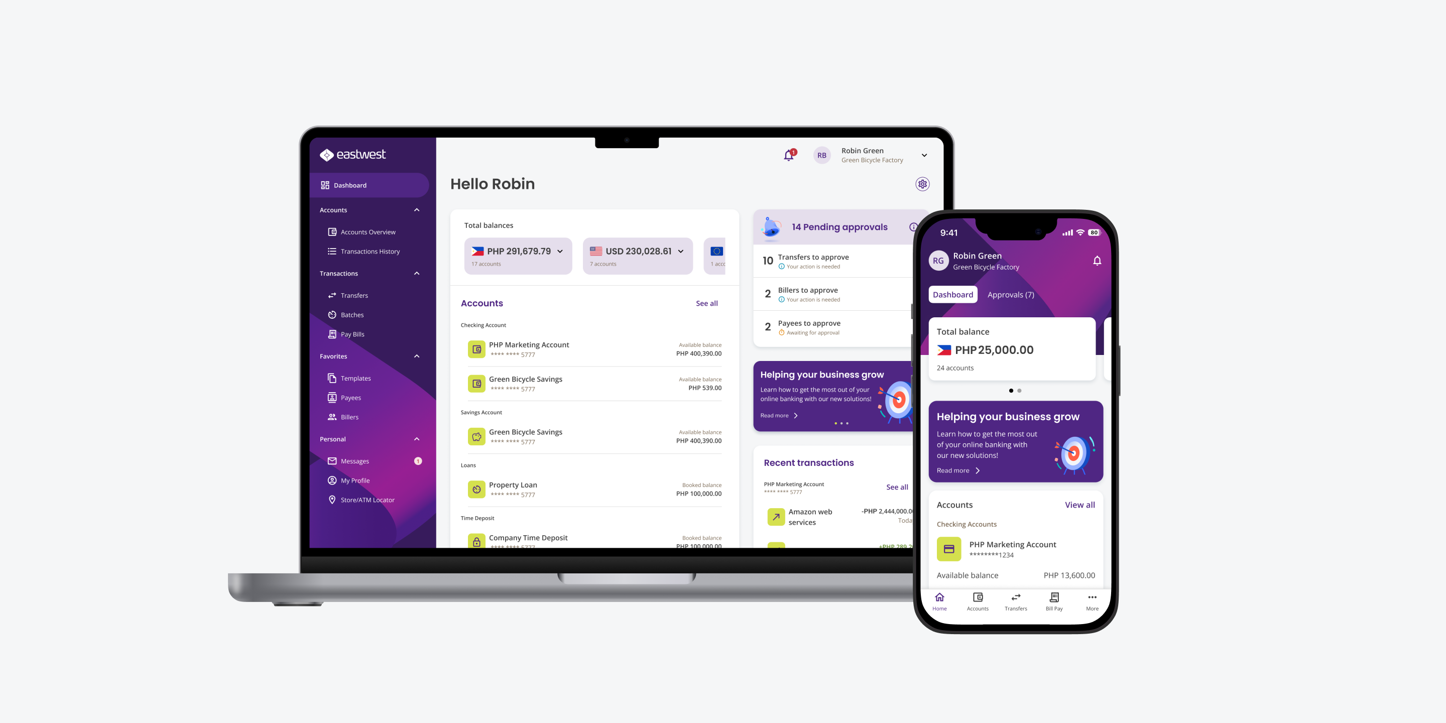 EasyBiz business banking platform on laptop and mobile