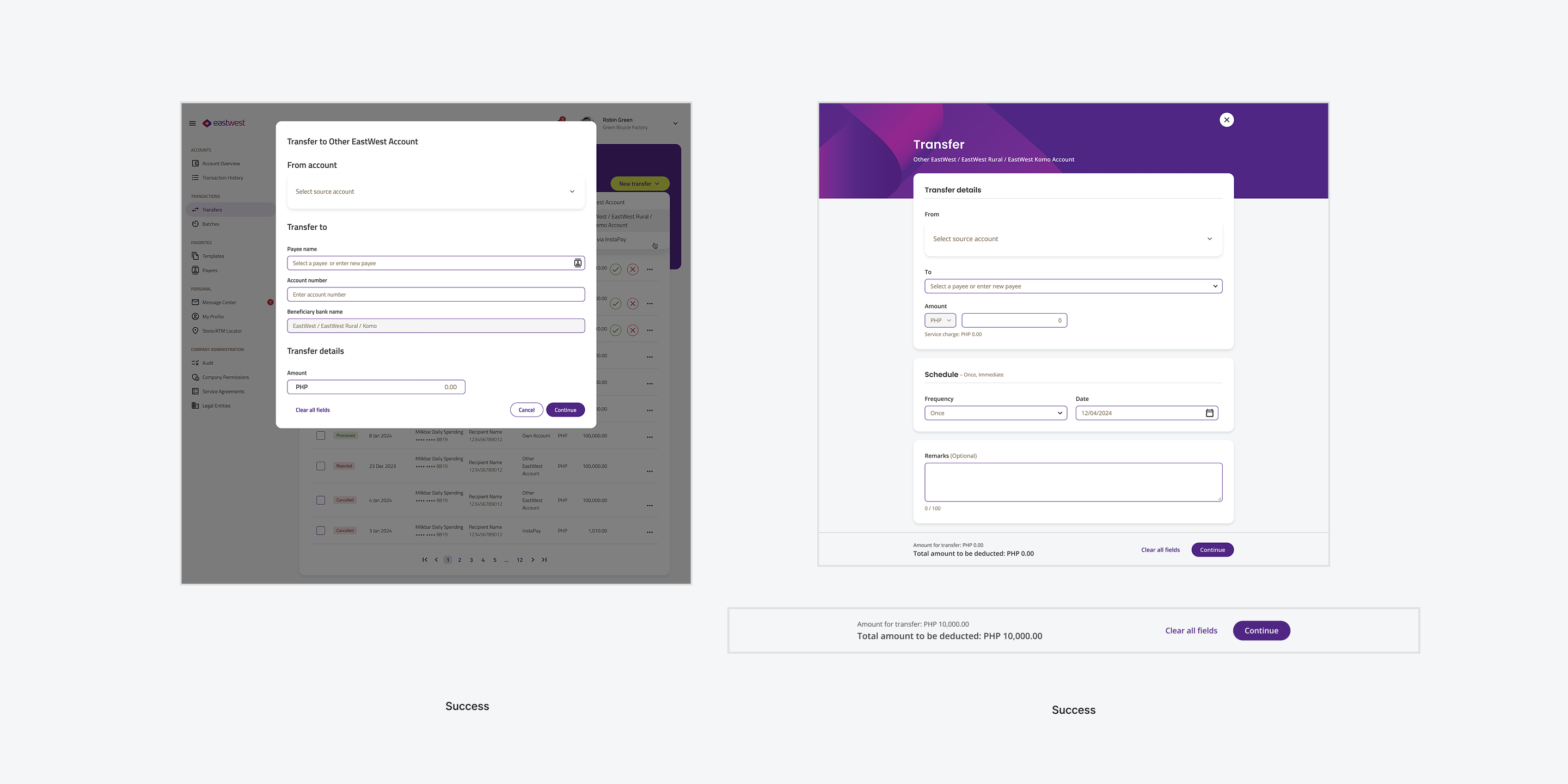 Full-screen modal payment flow compared to stacked pop-up design