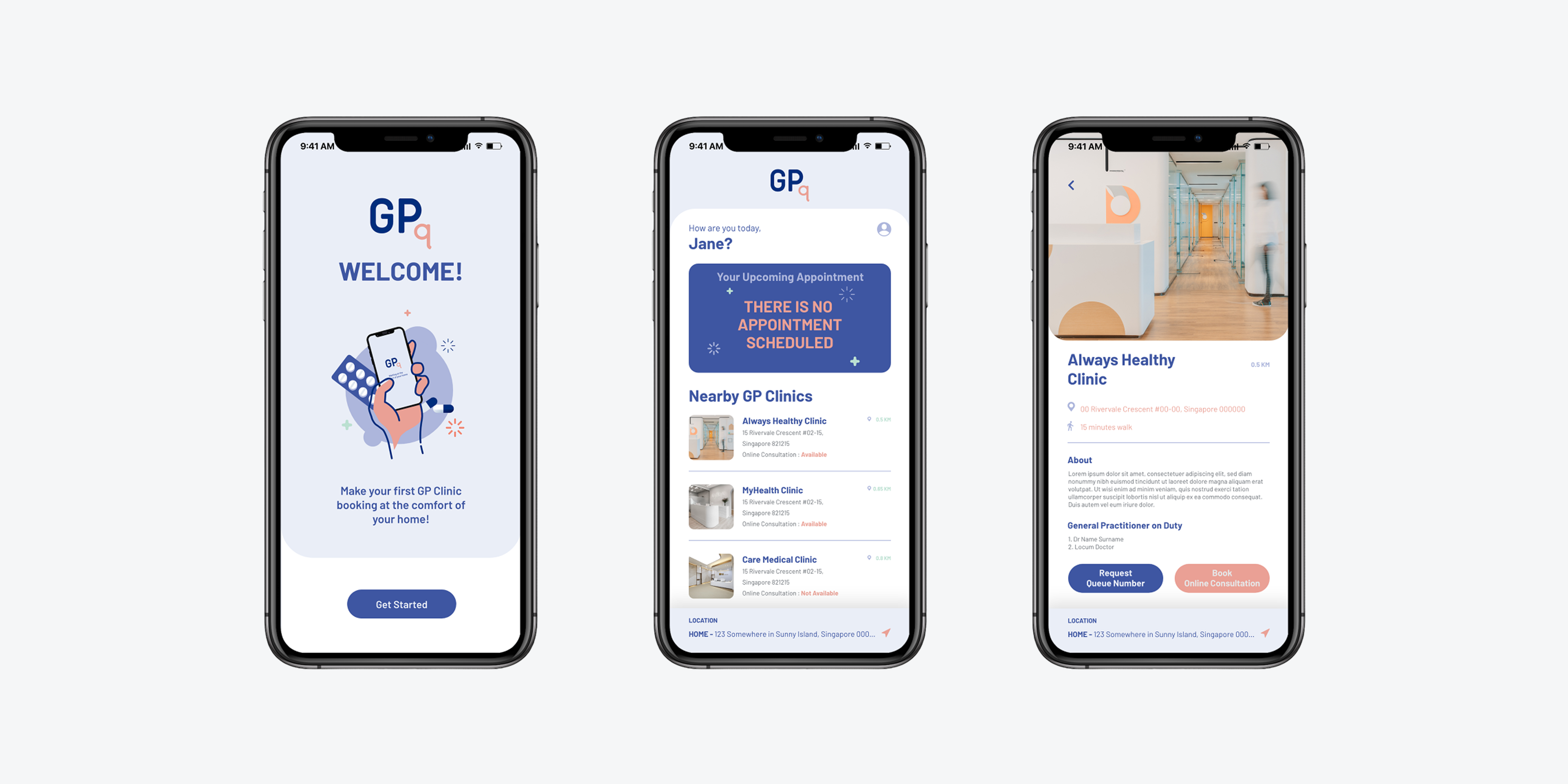 GPq mobile app mockups showing clinic finder, crowd levels, and queue booking screens