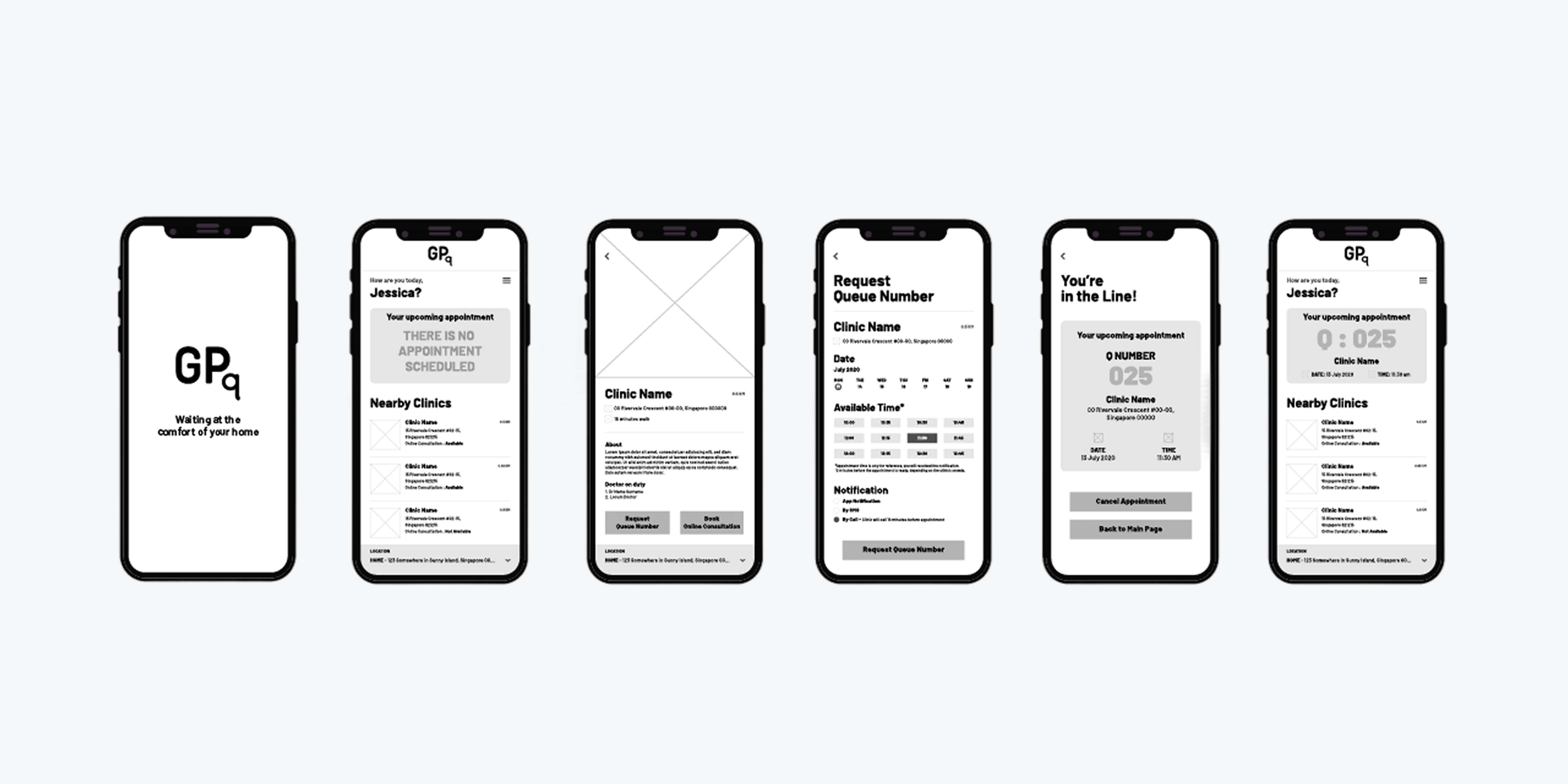 GPq lo-fidelity wireframes showing six mobile screen layouts