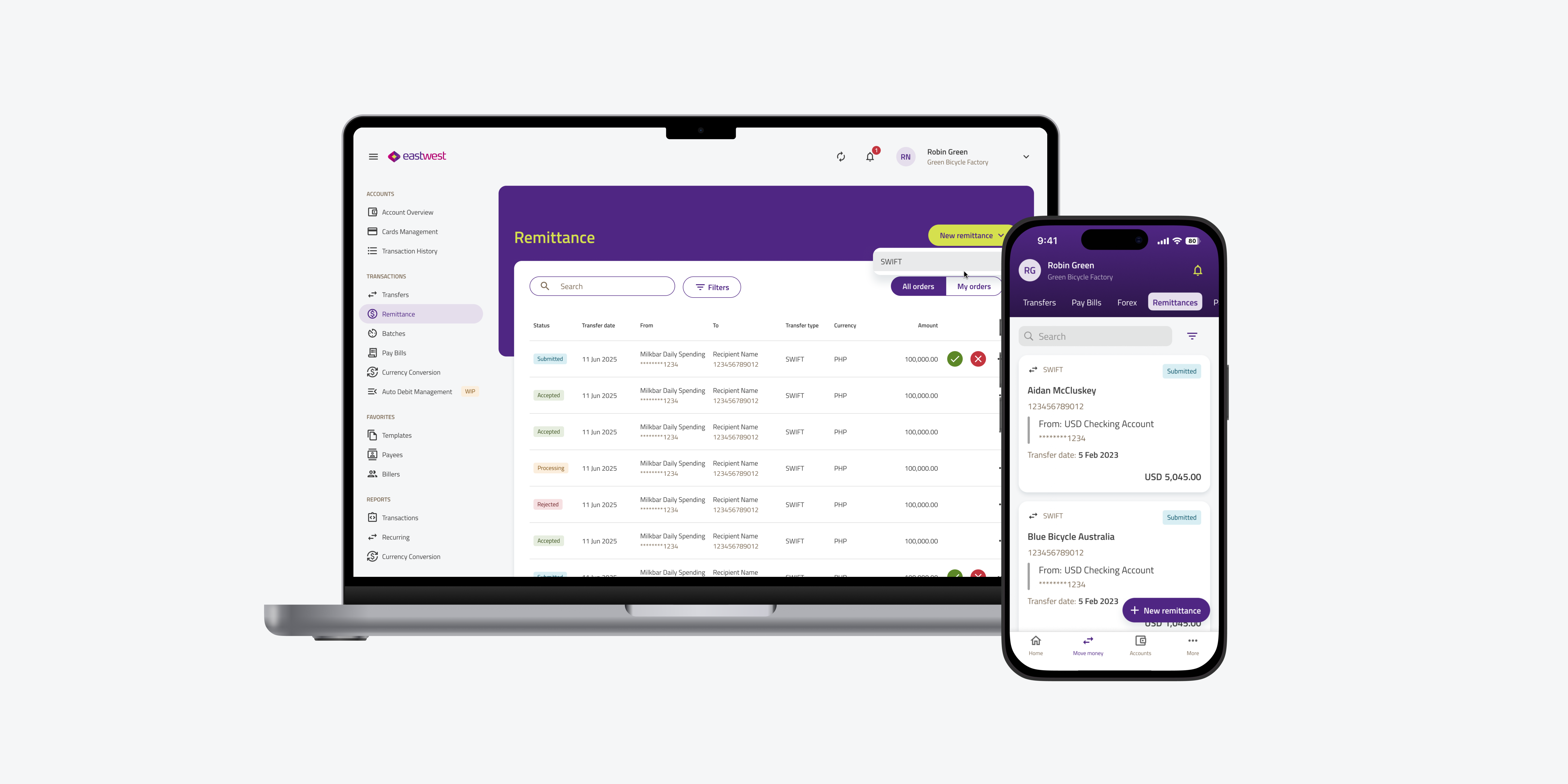 SWIFT transfer journey mockups on laptop and mobile
