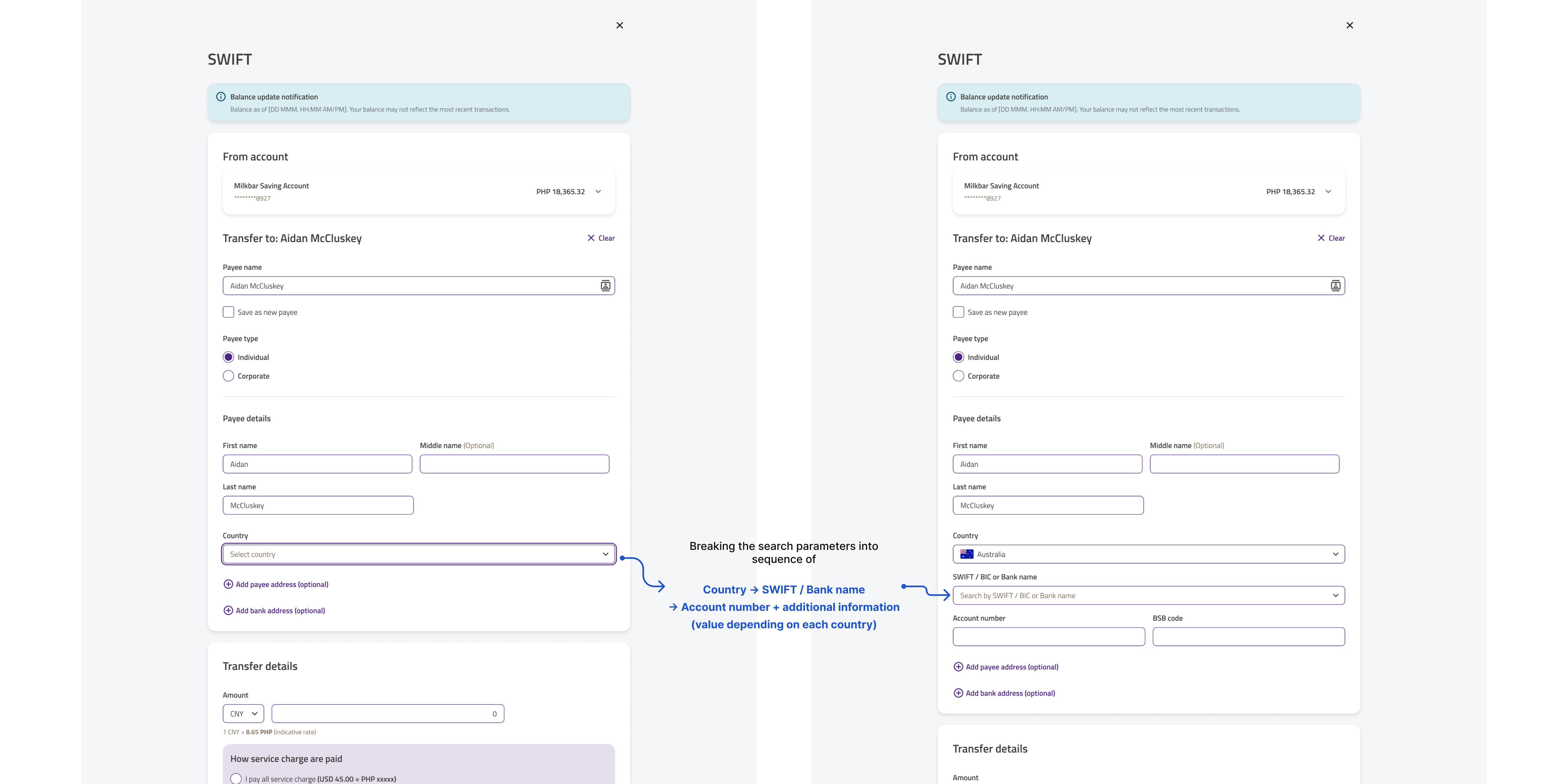 Redesigned SWIFT form step 1 and step 2 side by side