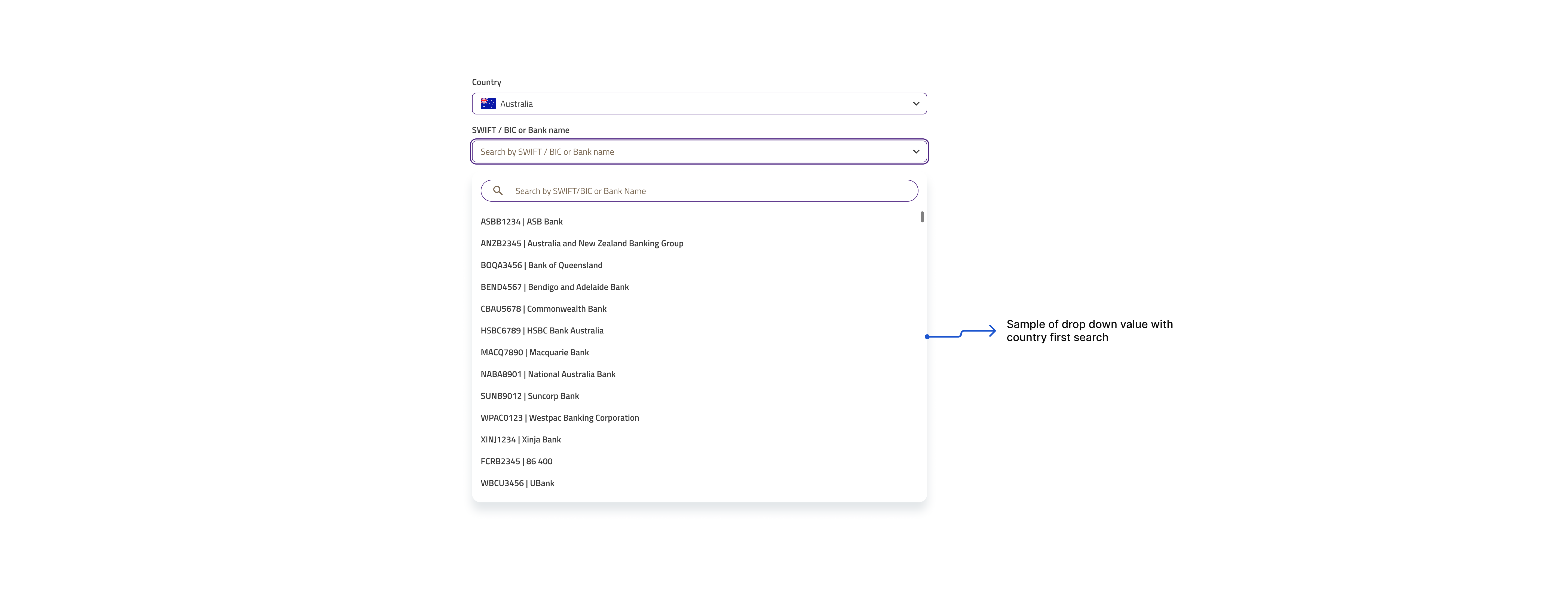 Bank name dropdown filtered by selected country